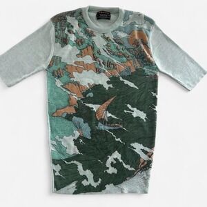 Vintage Esprit by Campus Japanese Woodblock Landscape Knit Top Green M USA Made
